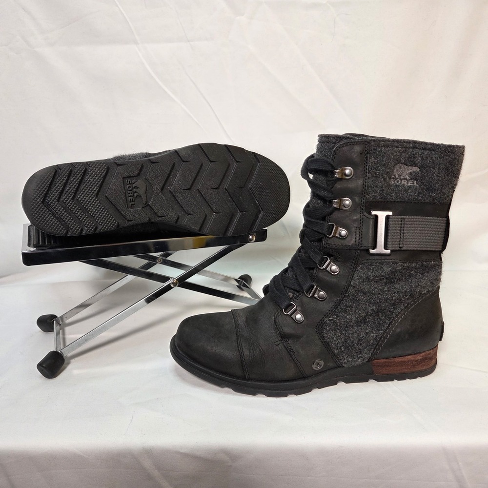 Sorel Major Carly Winter Moto Zip Boots Women's 8 Black Leather Gray Wool